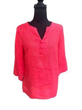 Coral Red 100% Linen Tunic Top Knot Buttons Quiet Luxury Sustainable Womens S